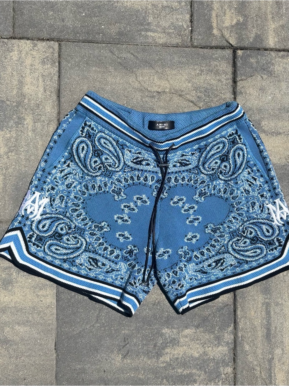 Amiri Mens Blue Bandana Jacquard Sweater Shorts